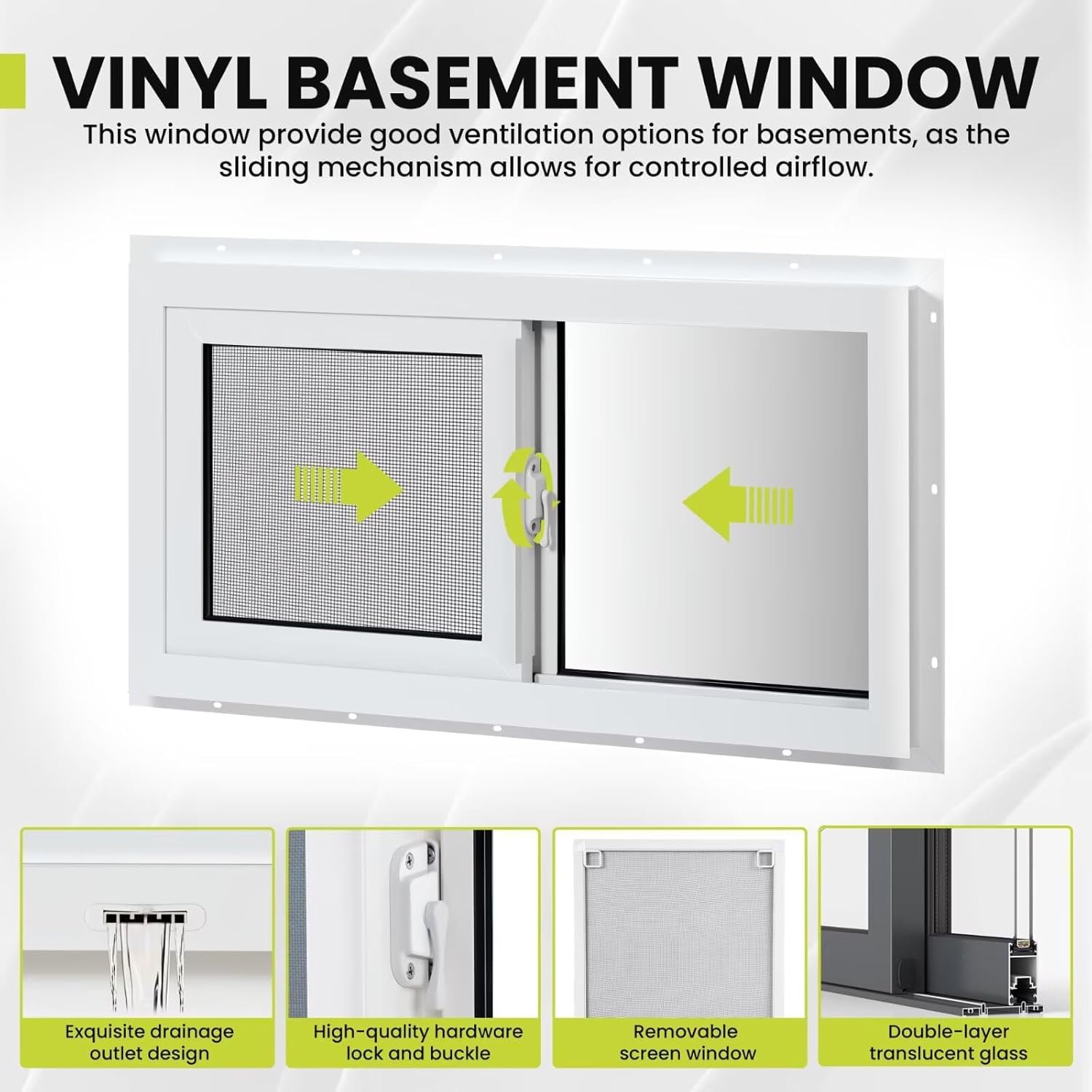 COLORPAPA Vinyl Basement Window, 32 x 14 Slider Window with Double Pane Insulated Tempered Glass and Fiberglass Mesh Screen for Basement Bathroom Home RV Garage (White)